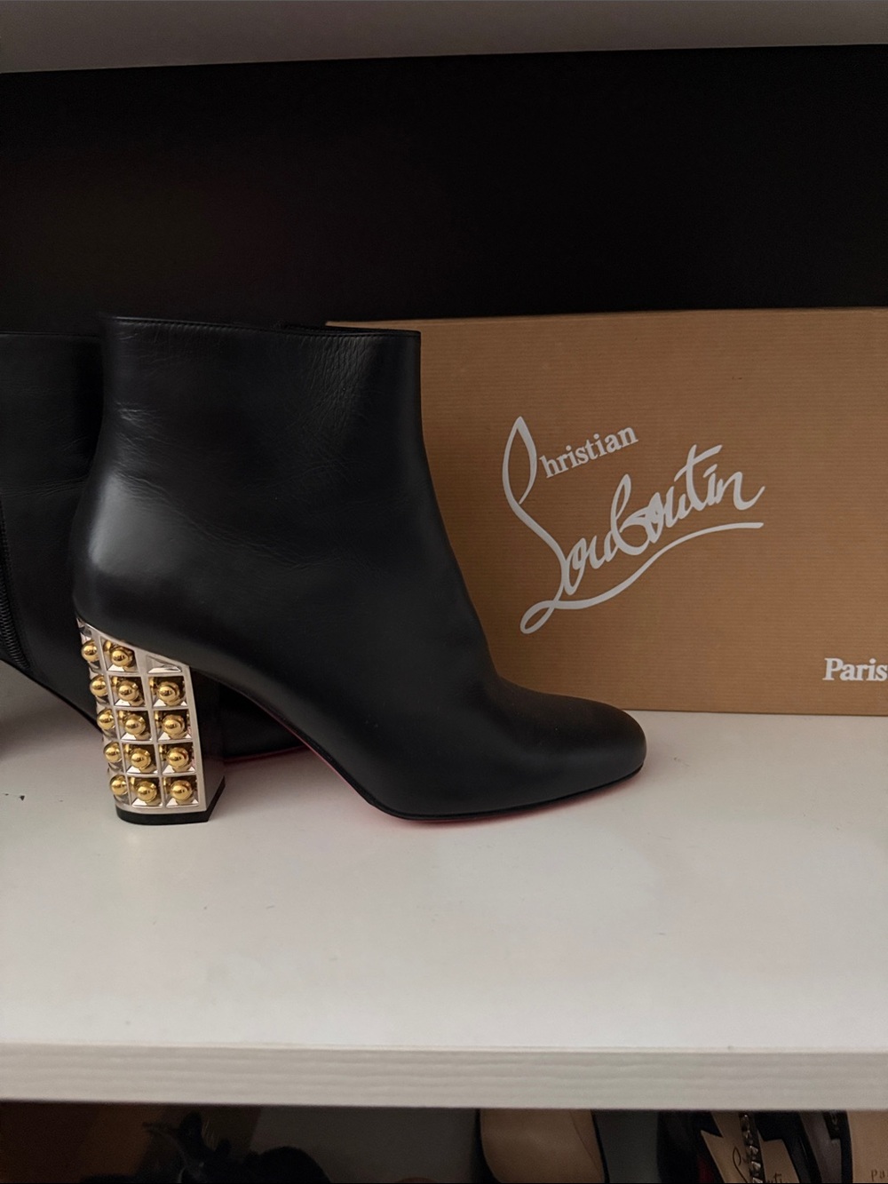 Christian Louboutin Black Leather Stud Block Heel Ankle Boots